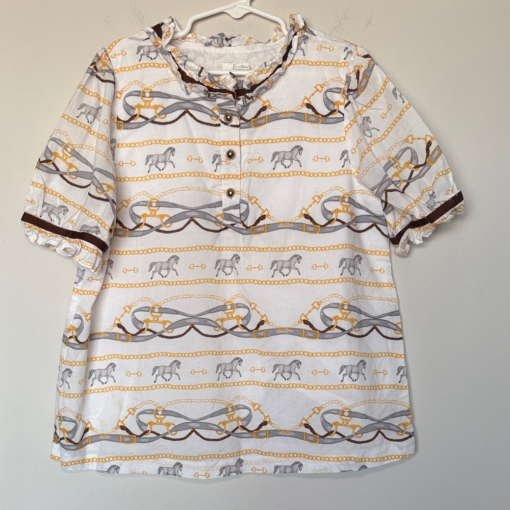 Janie and Jack Equestrian Print Ruffle Neck Top – Size 12